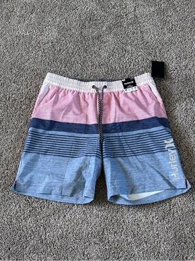 NWT Hurley Men’s Pink and Blue Striped Volley Swim Trunks Size Large